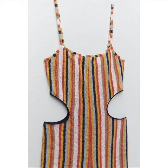 Zara Knit Terrycloth Striped Jumpsuit Womens Side Cut Out Rainbow Cotton - Picture 6 of 11